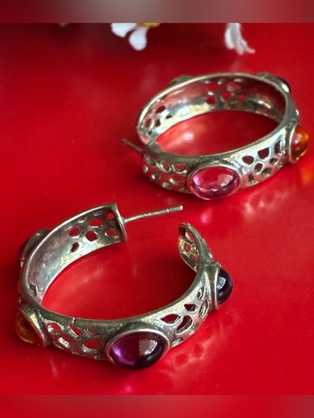 Silver Hoop Earrings with Pink & Orange Cabochons